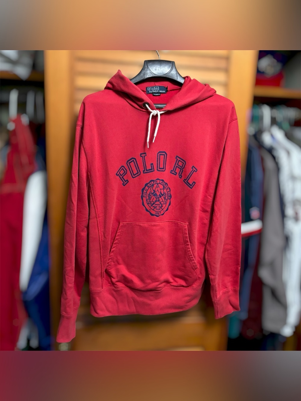 Vintage 90s Polo Ralph Lauren Collegiate Crest Logo Hoodie Pullover Red Mens M